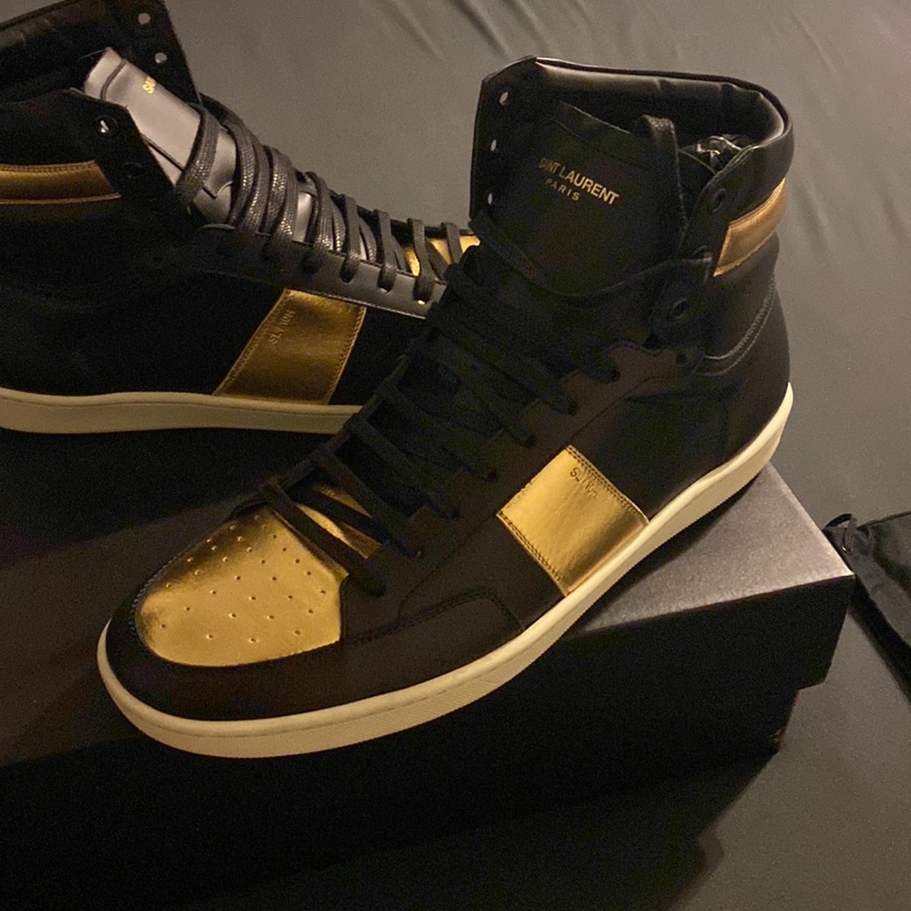 Saint Laurent Black and Gold High-Top Sneakers - Picture 9 of 13